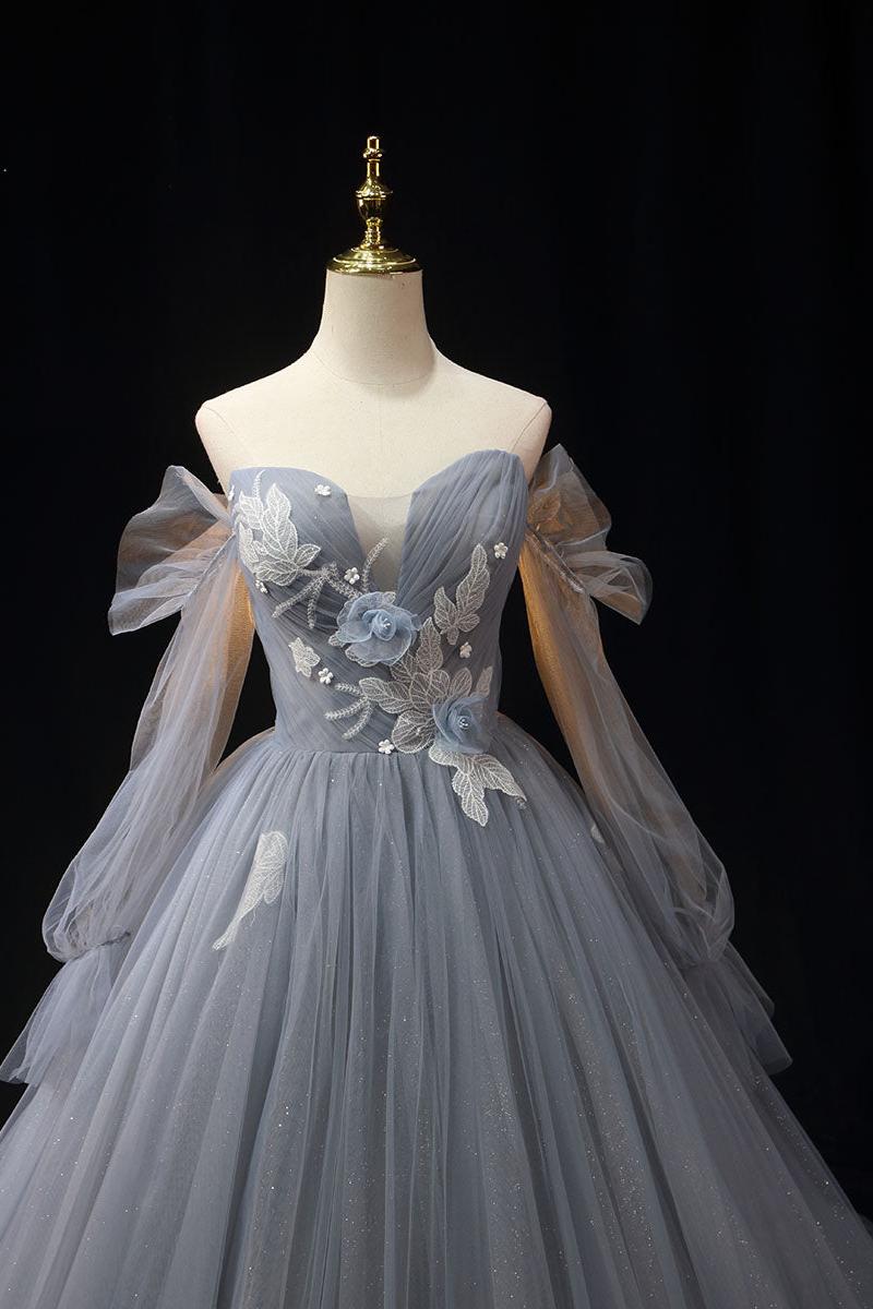 Gray Prom Dress A Line Tulle Lace Long Shiny Formal Dress Evening Dress
