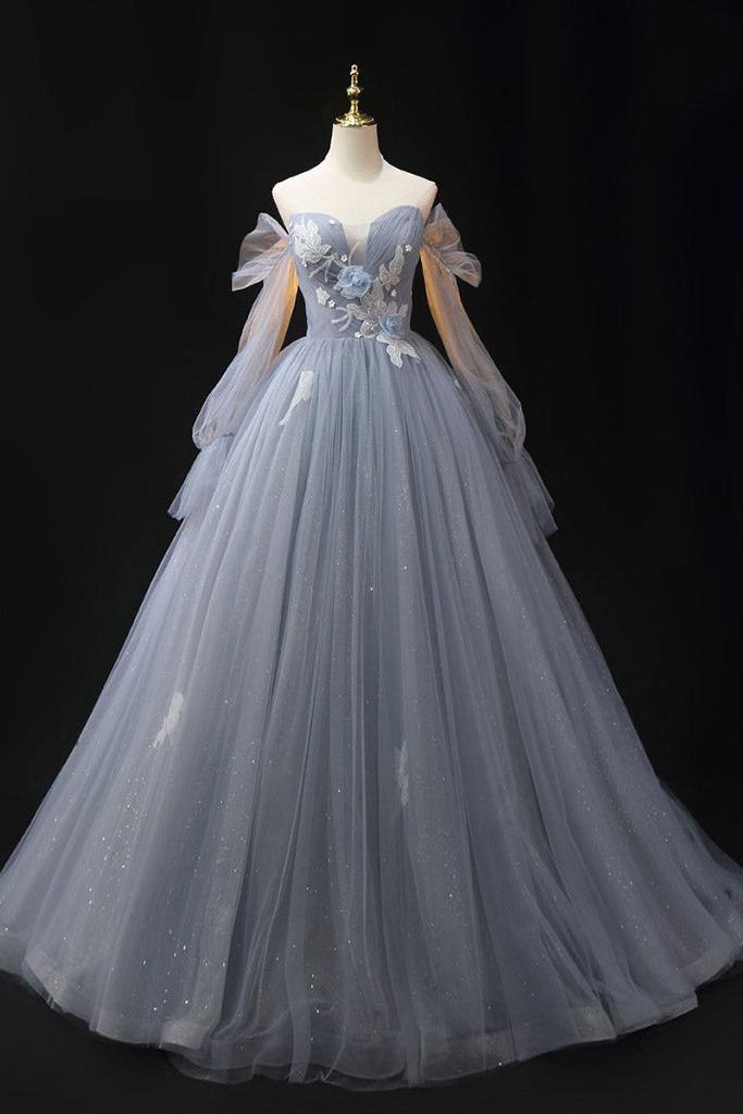 Gray Prom Dress A Line Tulle Lace Long Shiny Formal Dress Evening Dress