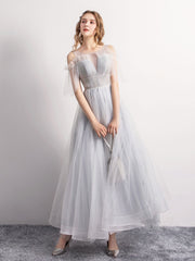 Gray Prom Dress A Line Tulle Sequin Long Formal Evening Dress