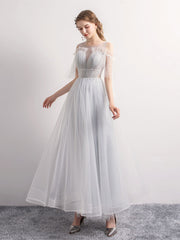 Gray Prom Dress A Line Tulle Sequin Long Formal Evening Dress