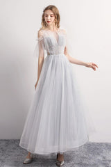 Gray Prom Dress A Line Tulle Sequin Long Formal Evening Dress