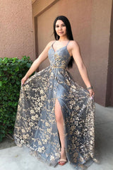 Gray Prom Dress Blue Prom Dress Lace Long Formal Gown Evening Dress