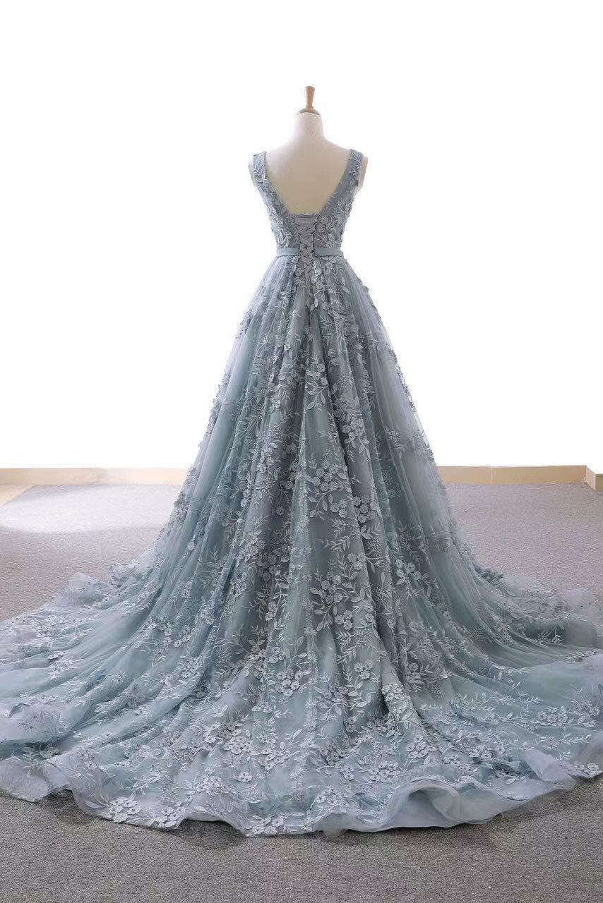 Gray Prom Dress Blue Prom Dress Tulle Lace Long Formal Gown Evening Dress