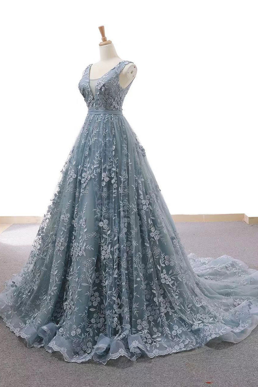 Gray Prom Dress Blue Prom Dress Tulle Lace Long Formal Gown Evening Dress