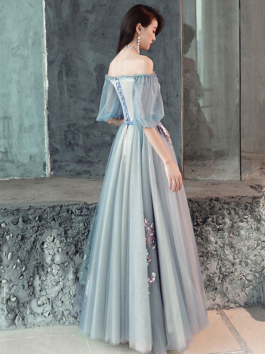 Gray Prom Dress Blue Prom Dress Tulle Lace Long Formal Gown Evening Dress
