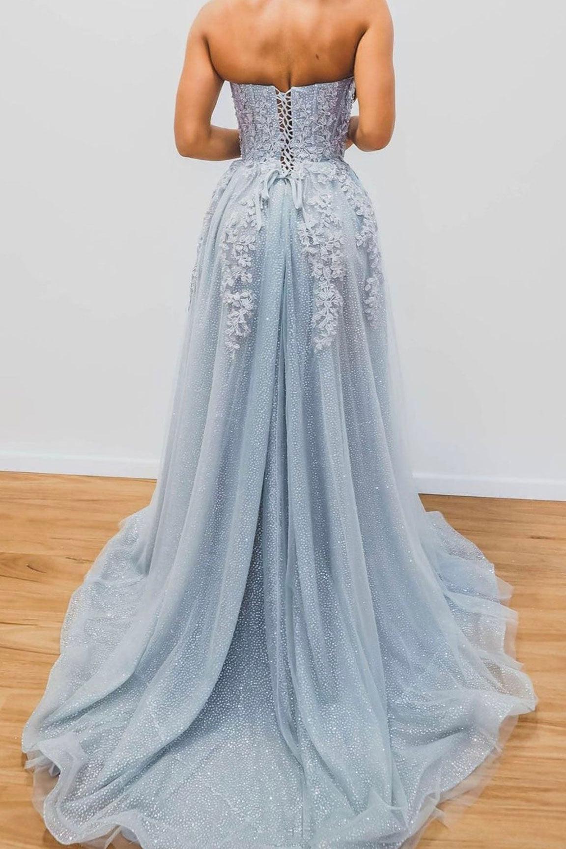 Gray Prom Dress Blue Prom Dress Tulle Sequin Long Evening Dress