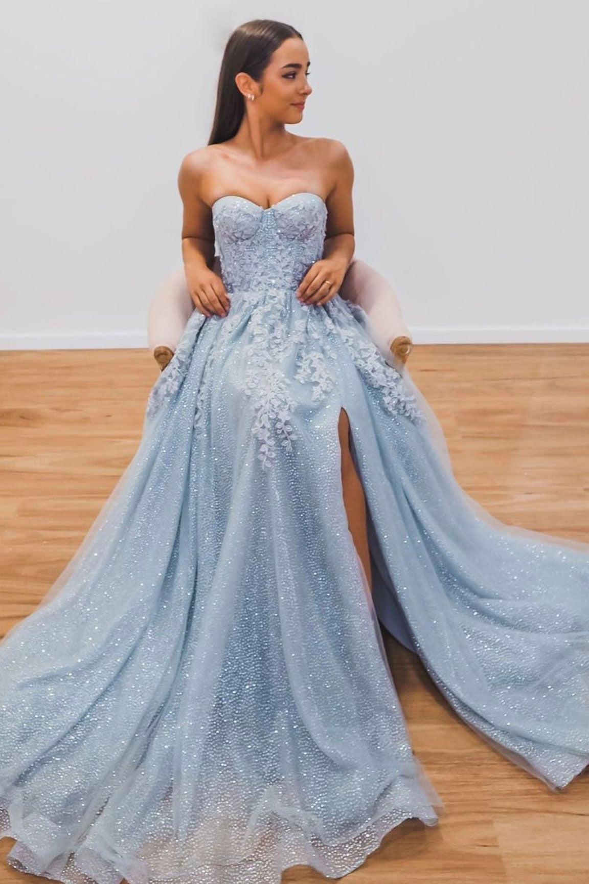 Gray Prom Dress Blue Prom Dress Tulle Sequin Long Evening Dress