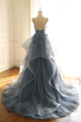 Gray Prom Dress Blue Tulle Lace Long Evening Gown Evening Dress