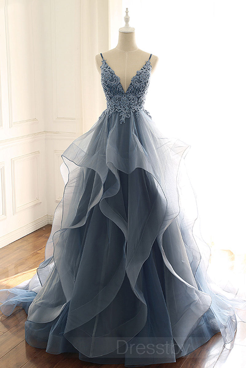 Gray Prom Dress Blue Tulle Lace Long Evening Gown Evening Dress