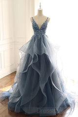 Gray Prom Dress Blue Tulle Lace Long Evening Gown Evening Dress