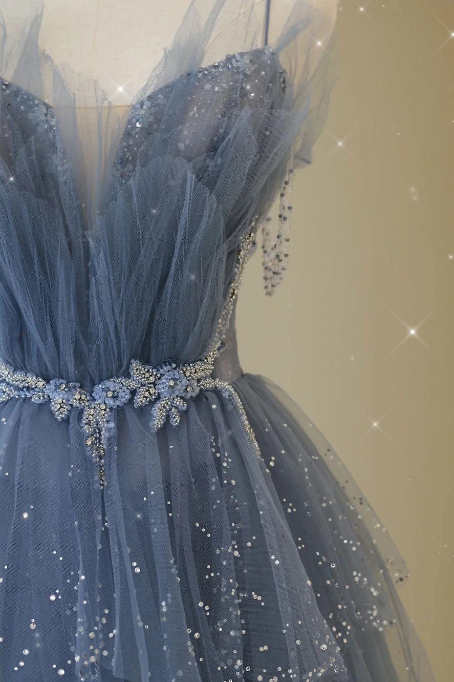 Gray Prom Dress Blue Tulle Sequin Beaded Long Evening Gown Evening Dress