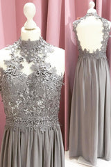 Gray Prom Dress Chiffon Lace Long Formal Gown Evening Dress