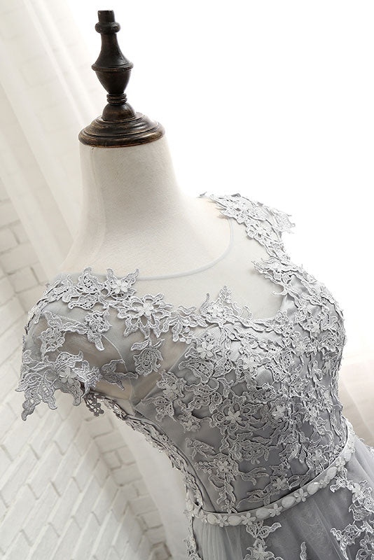Silver Prom Dress Crew Neck Lace Appliques e Long Formal Gown Evening Dress