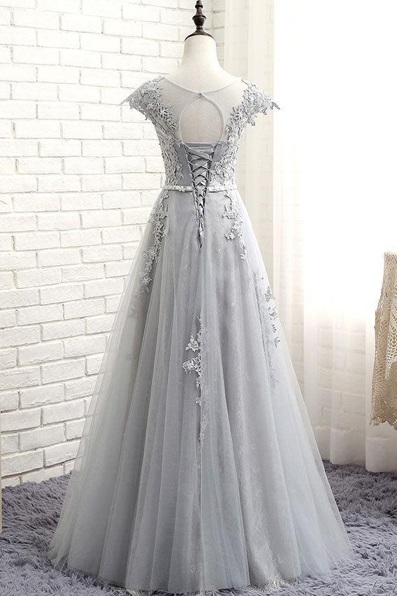 Silver Prom Dress Crew Neck Lace Appliques e Long Formal Gown Evening Dress