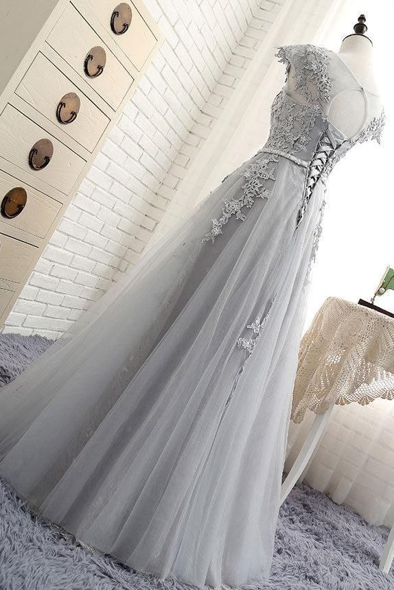 Silver Prom Dress Crew Neck Lace Appliques e Long Formal Gown Evening Dress