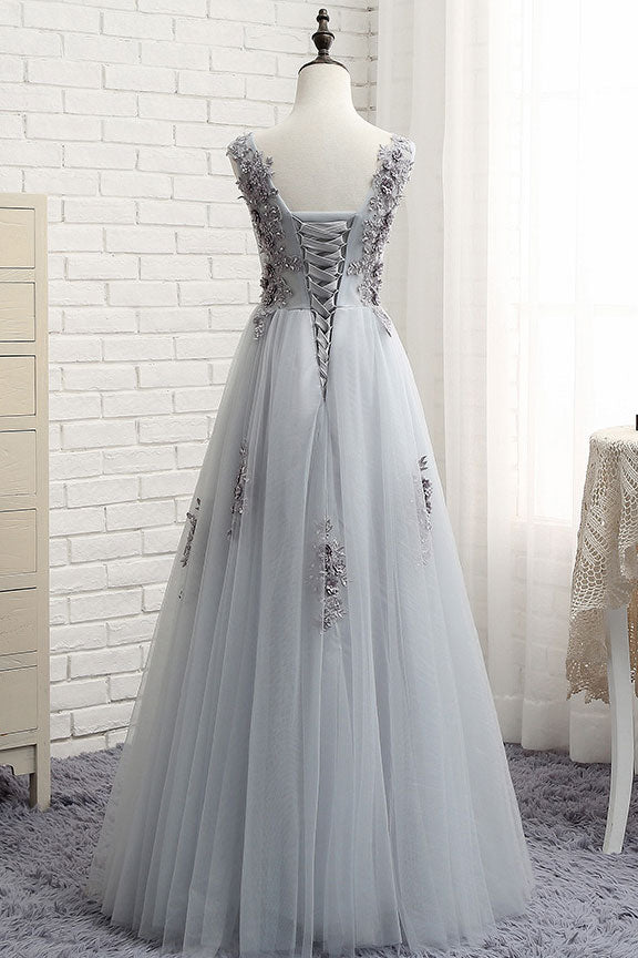 Gray Prom Dress Crew Neck Lace Tulle Long Formal Gown Evening Dress
