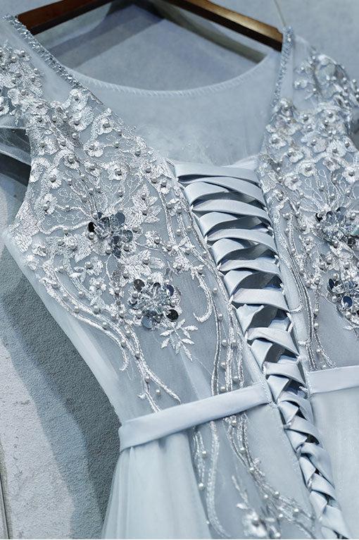 Gray Blue Prom Dress Crew Neck Lace Tulle Long Formal Gown Evening Dress