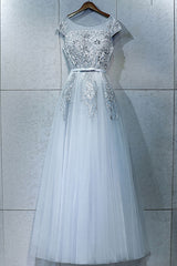 Gray Prom Dress Crew Neck Lace Tulle Long Formal Gown Evening Dress