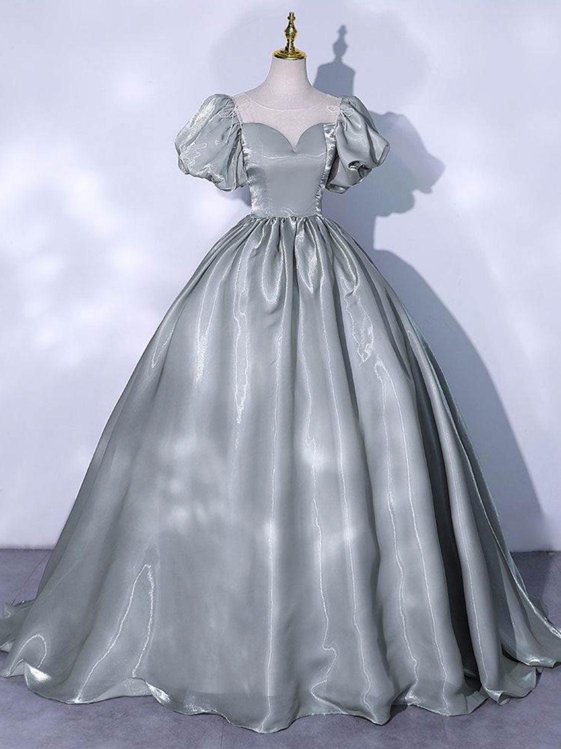 Gray Prom Dress Crew Neck Satin Long Sweet 16 Dress Evening Dress