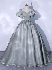 Gray Prom Dress Crew Neck Satin Long Sweet 16 Dress Evening Dress