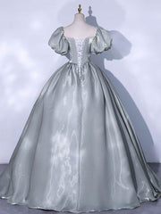 Gray Prom Dress Crew Neck Satin Long Sweet 16 Dress Evening Dress