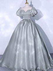 Gray Prom Dress Crew Neck Satin Long Sweet 16 Dress Evening Dress