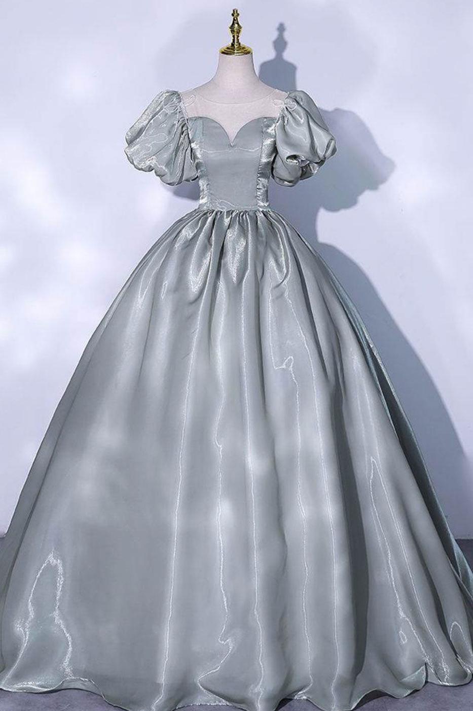 Gray Prom Dress Crew Neck Satin Long Sweet 16 Dress Evening Dress