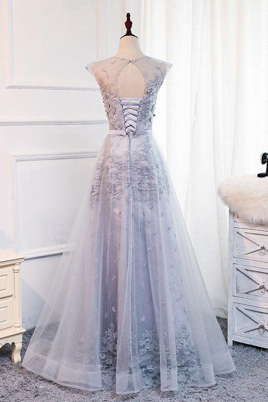 Gray Prom Dress Crew Neck Tulle Lace Appliques Long Evening Dress