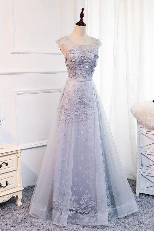 Gray Prom Dress Crew Neck Tulle Lace Appliques Long Evening Dress