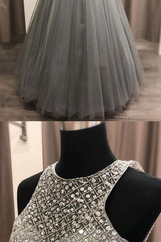 Gray Prom Dress Crew Neck Tulle Sequin Long Formal Evening Dress