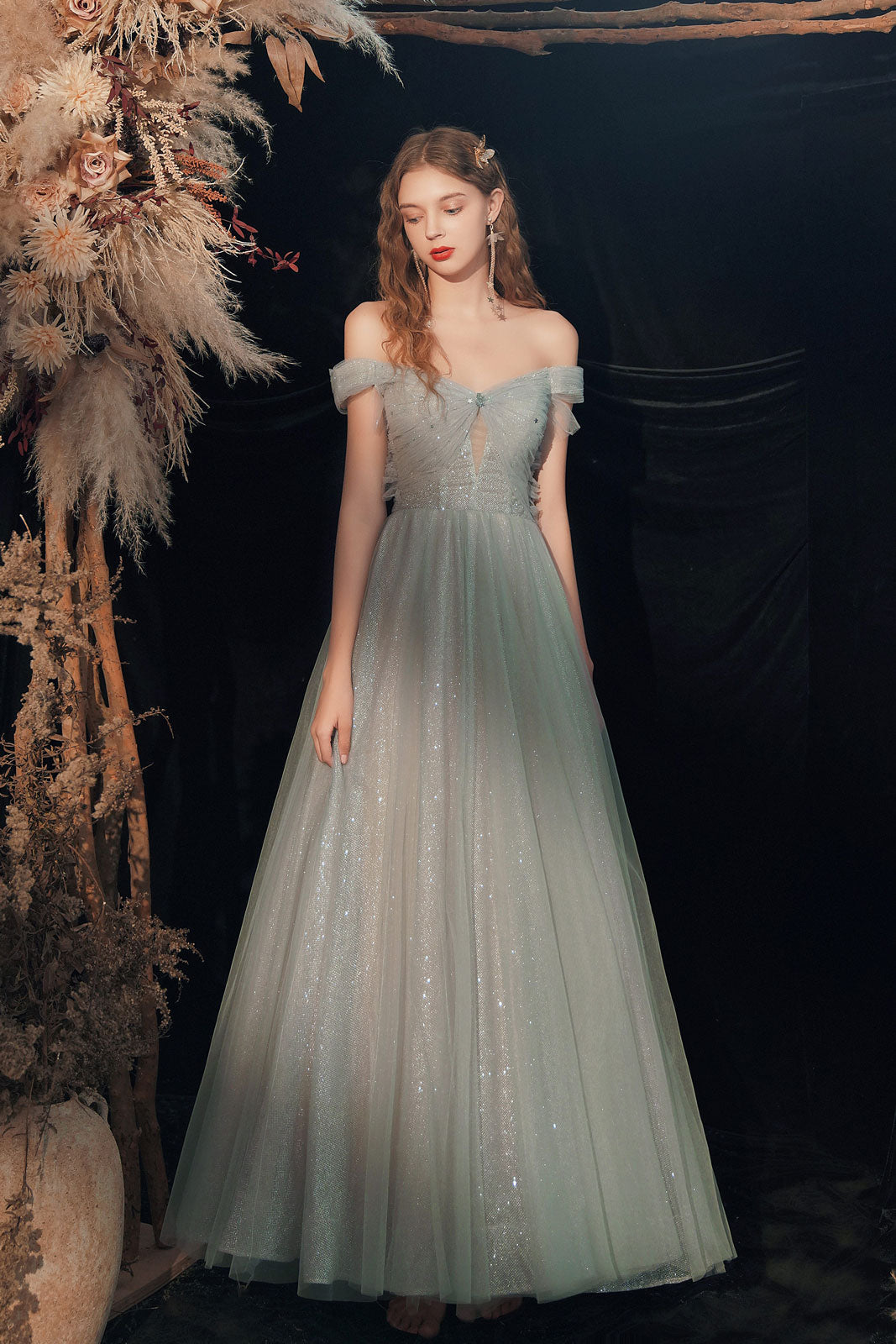 Gray Prom Dress Green Prom Dress Off the Shoulder Tulle Long Formal Gown Evening Dress
