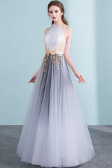 Gray Prom Dress High Neck Tulle Long Formal Dress Evening Dress