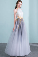 Gray Prom Dress High Neck Tulle Long Formal Dress Evening Dress