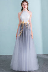 Gray Prom Dress High Neck Tulle Long Formal Dress Evening Dress