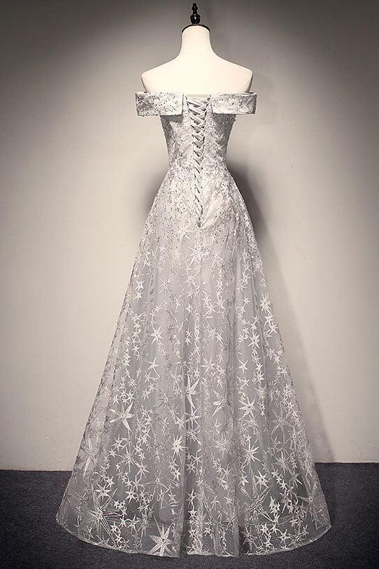 Gray Prom Dress Lace Long Evening Dress