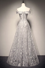 Gray Prom Dress Lace Long Evening Dress