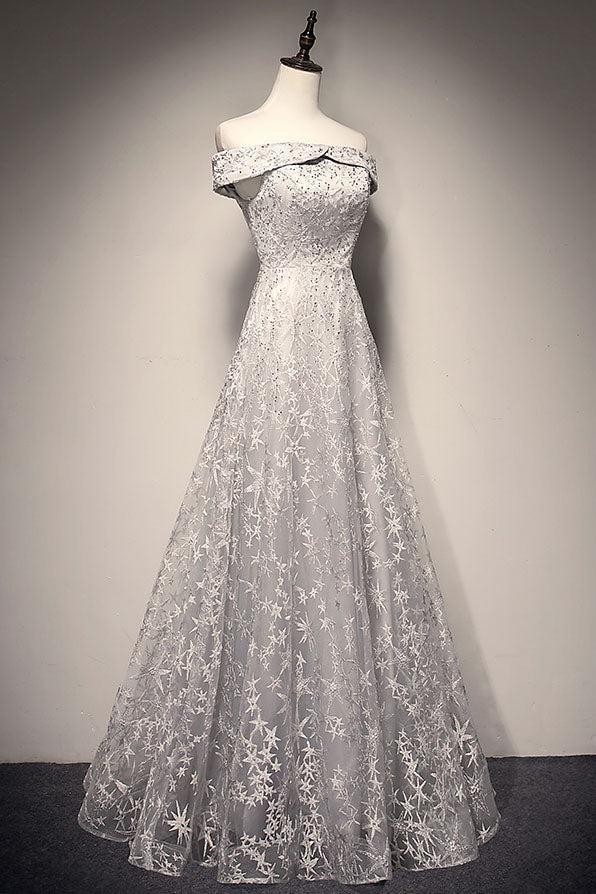 Gray Prom Dress Lace Long Evening Dress