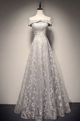 Gray Prom Dress Lace Long Evening Dress