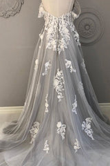 Gray Prom Dress Lace Sweetheart Tulle Long Formal Dress Evening Dress
