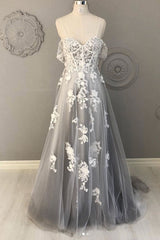 Gray Prom Dress Lace Sweetheart Tulle Long Formal Dress Evening Dress