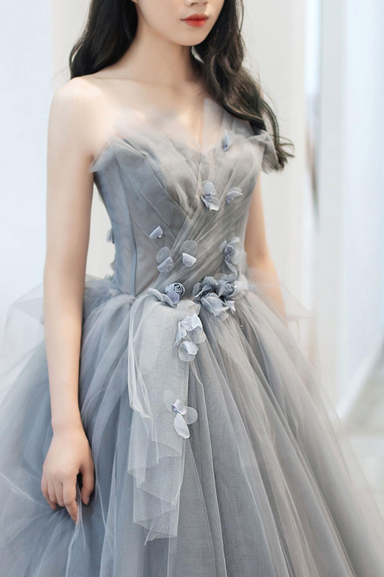 Gray Prom Dress Sweetheart Neck Tulle Long Formal Dress Evening Dress