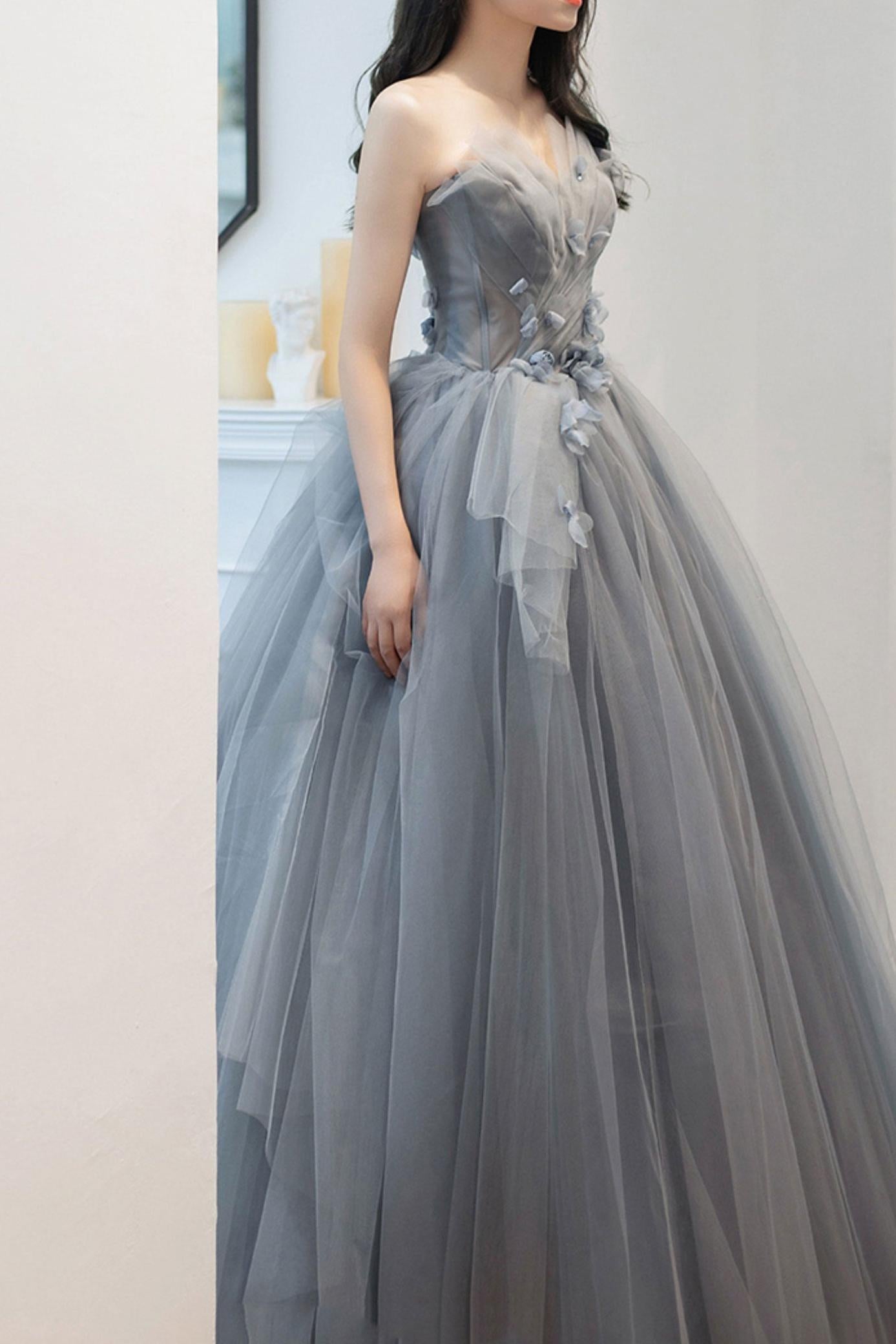 Gray Prom Dress Sweetheart Neck Tulle Long Formal Dress Evening Dress
