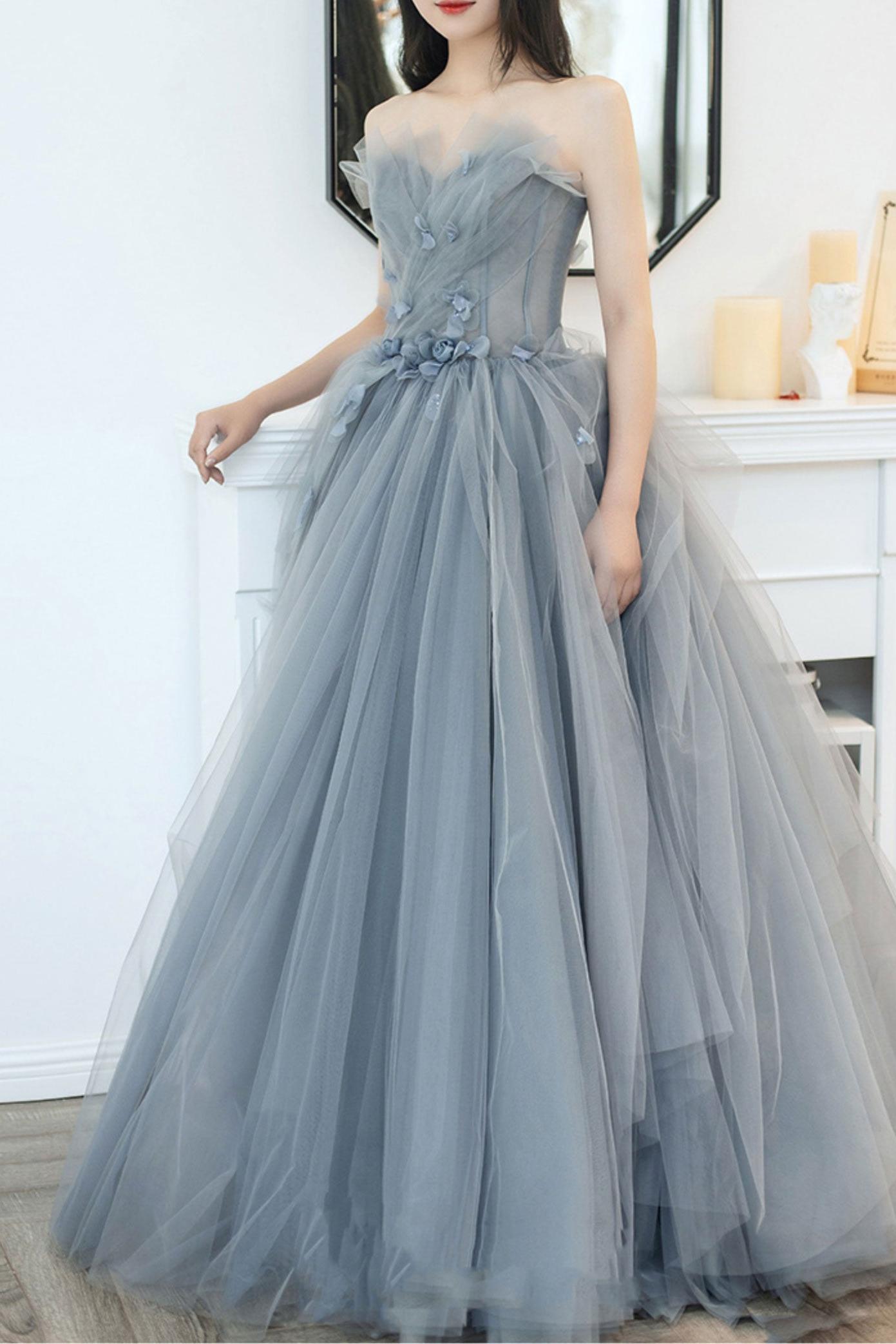Gray Prom Dress Sweetheart Neck Tulle Long Formal Dress Evening Dress
