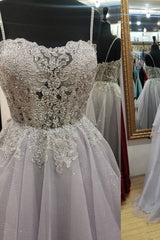Gray Prom Dress Sweetheart Tulle Lace Long Formal Dress Evening Dress