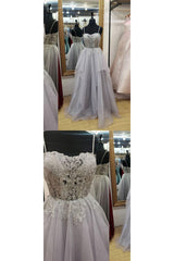 Gray Prom Dress Sweetheart Tulle Lace Long Formal Dress Evening Dress