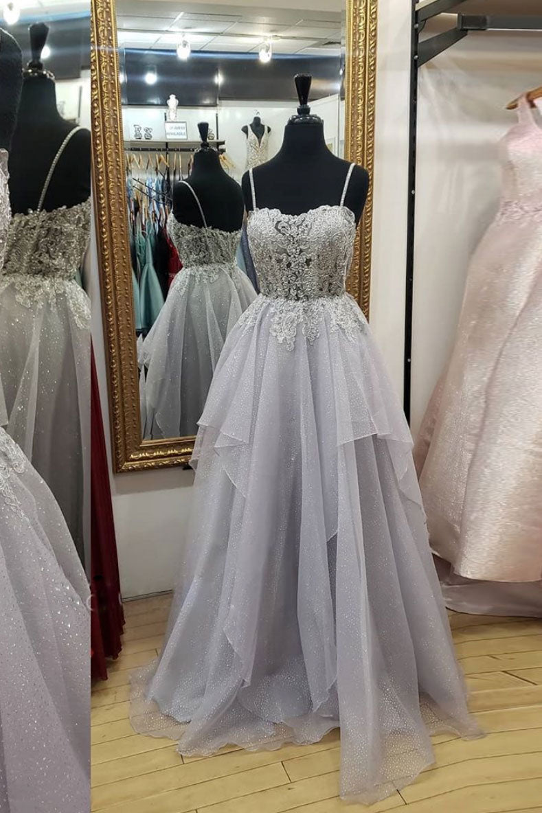 Gray Prom Dress Sweetheart Tulle Lace Long Formal Dress Evening Dress