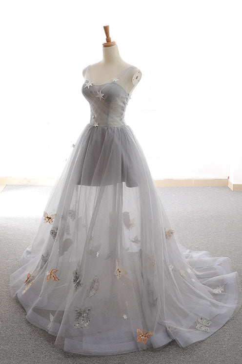 Gray Prom Dress Sweetheart Tulle Long Formal Evening Dress