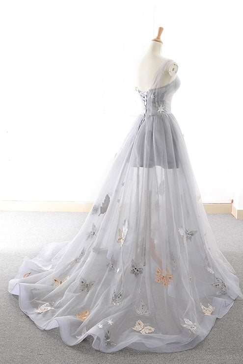 Gray Prom Dress Sweetheart Tulle Long Formal Evening Dress