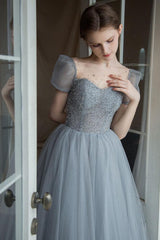 Gray Prom Dress Tulle Beaded Long Sweet 16 Dress Evening Dress