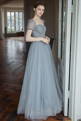 Gray Prom Dress Tulle Beaded Long Sweet 16 Dress Evening Dress